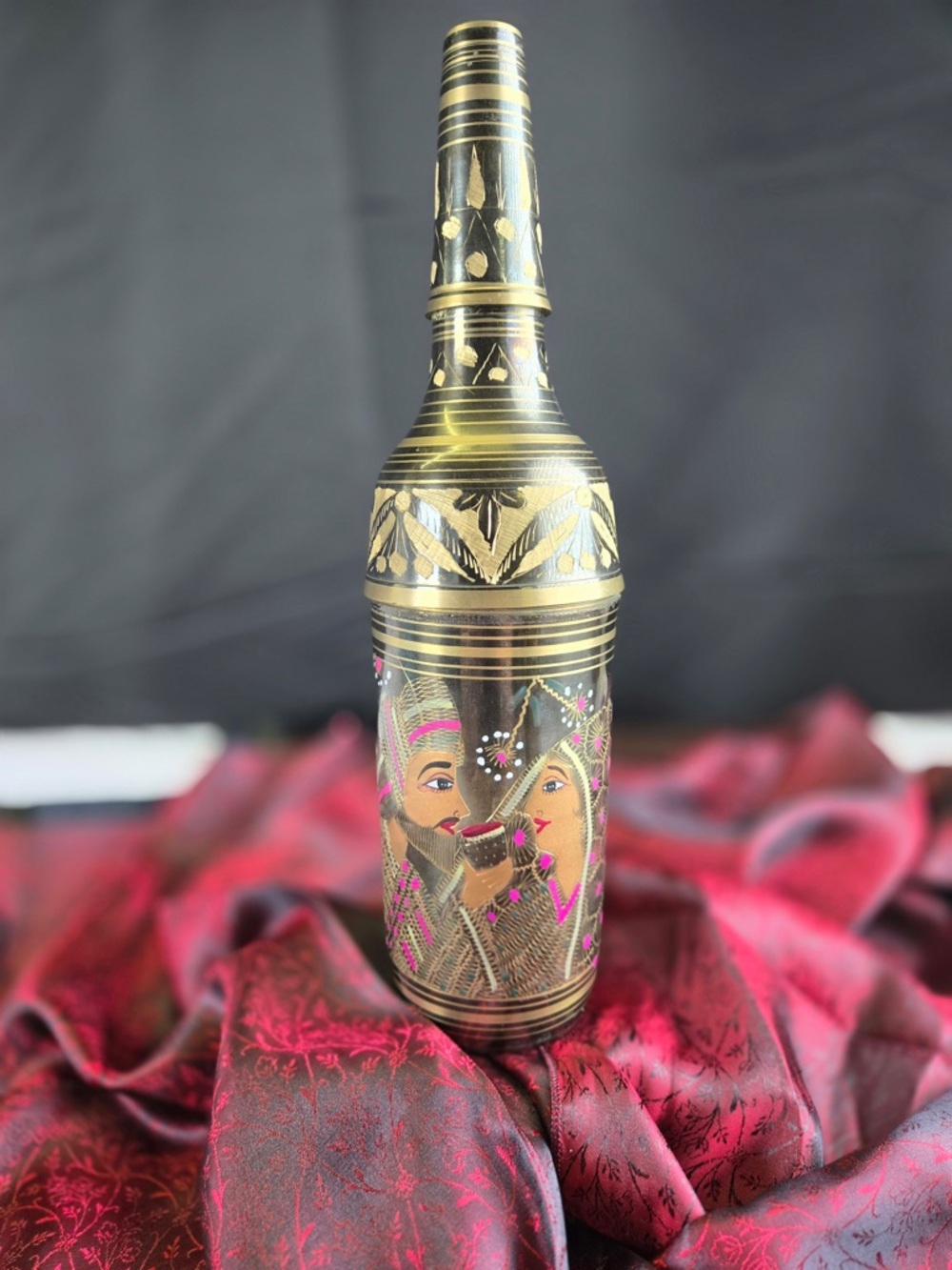 Hand‑Painted Decorative Metal Bottle – Royal Folk Art Design